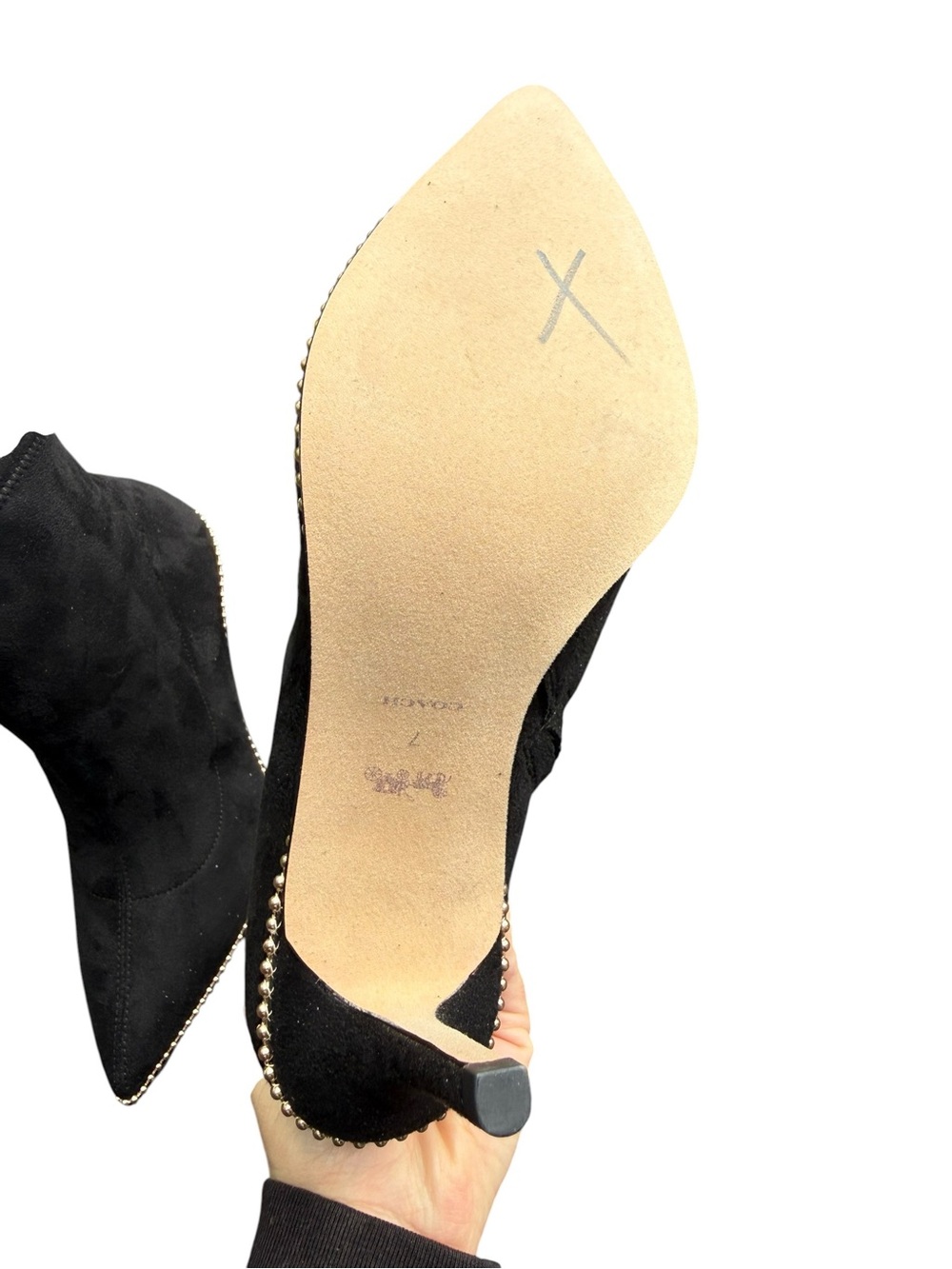 Coach Weston Stretch Booties Black Suede Stud Trim Pointed Toe Heel Size 7 NIB - Picture 7 of 8